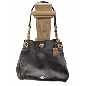 Womens Coach Black Leather Chain Satchel Shoulder Bag Gold Hardware Designer Lux